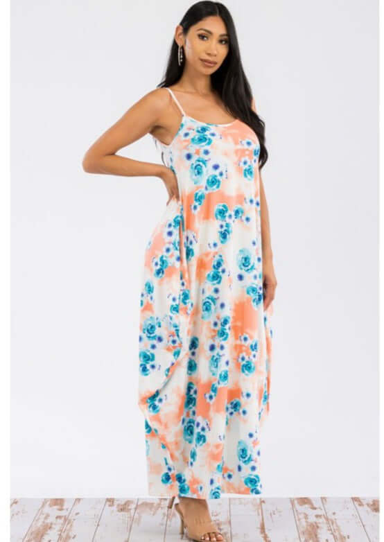 Ladies Floral Tropical Resort Maxi Cami Dress With Pockets in Turquoise &amp; Peach | Made in USA | Classy Cozy Cool Women&