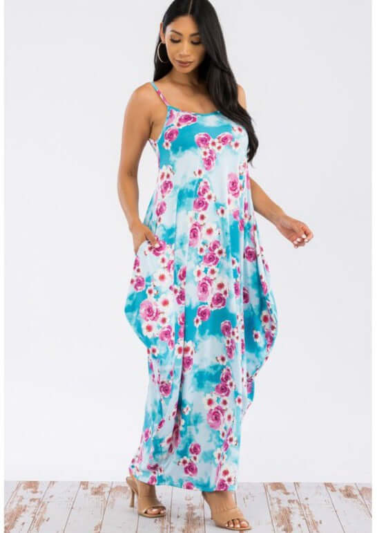 Ladies Floral Tropical Resort Maxi Cami Dress With Pockets in Turquoise &amp; Fuchsia | Made in USA | Classy Cozy Cool Women&