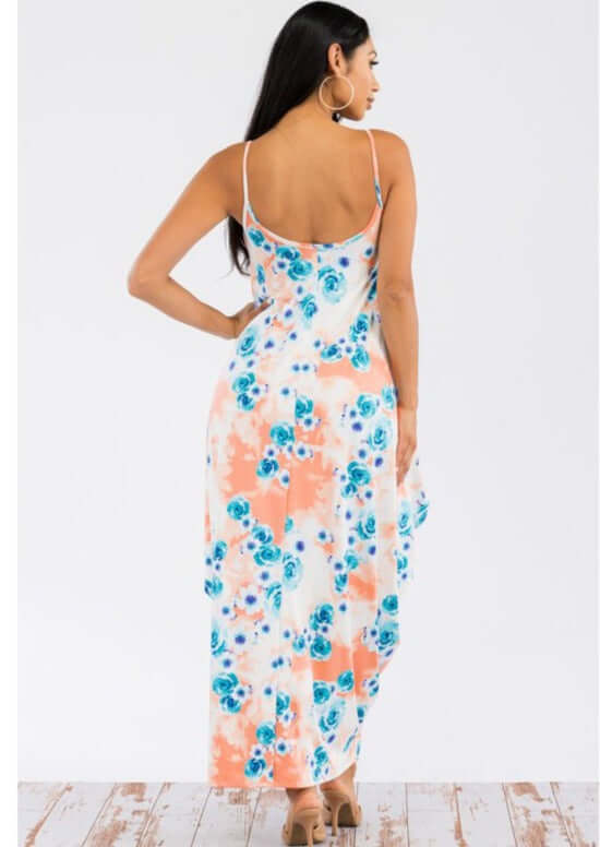 Ladies Floral Tropical Resort Maxi Cami Dress With Pockets in Turquoise &amp; Peach | Made in USA | Classy Cozy Cool Women&