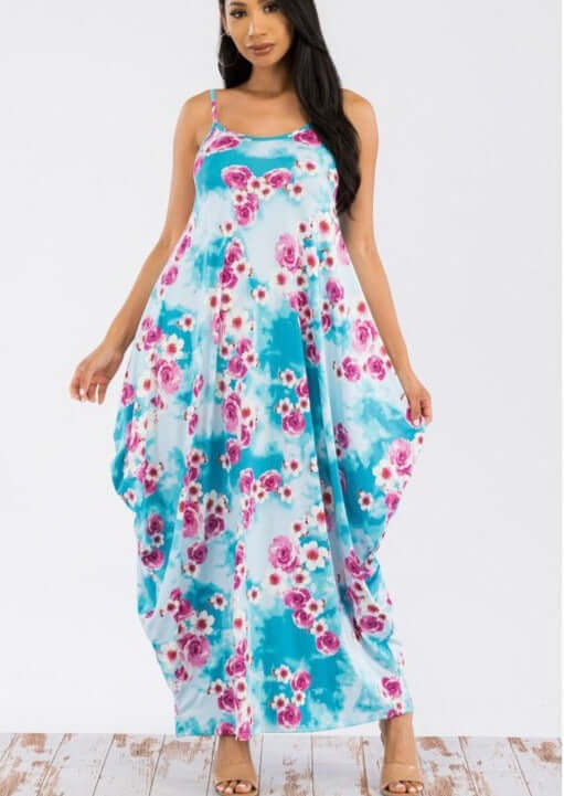 Ladies Floral Tropical Resort Maxi Cami Dress With Pockets in Turquoise &amp; Fuchsia | Made in USA | Classy Cozy Cool Women&