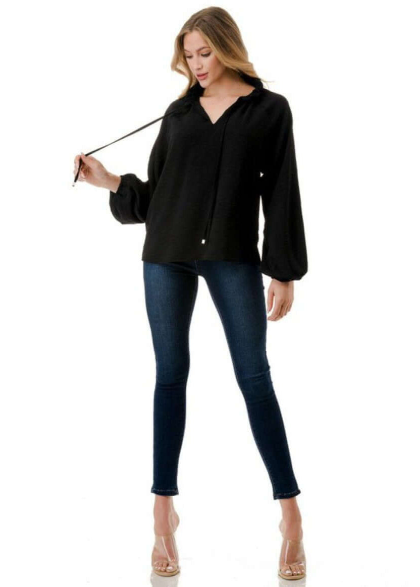 Made in USA Ruffled Neck Textured Satin Dressy Top with Tie Front V-Neck and  Long Puff Sleeves in Black | Classy Cozy Cool Women&