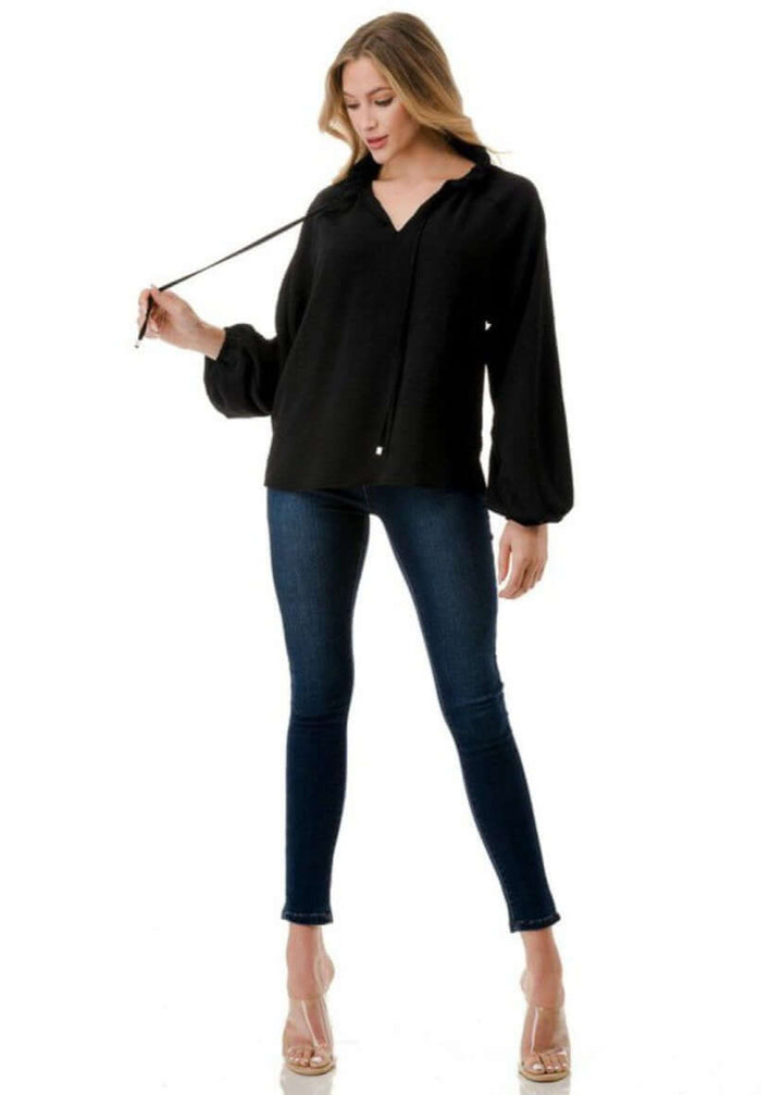 Made in USA Ruffled Neck Textured Satin Dressy Top with Tie Front V-Neck and  Long Puff Sleeves in Black | Classy Cozy Cool Women&