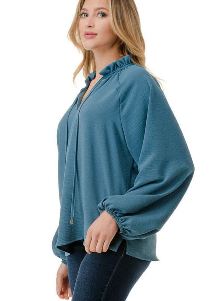 Made in USA Ruffled Neck Textured Satin Dressy Top with Tie Front V-Neck and  Long Puff Sleeves in Teal | Classy Cozy Cool Women&