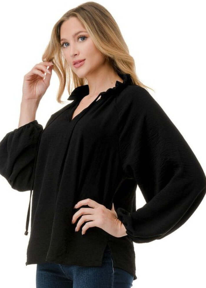 Made in USA Ruffled Neck Textured Satin Dressy Top with Tie Front V-Neck and  Long Puff Sleeves in Black | Classy Cozy Cool Women&