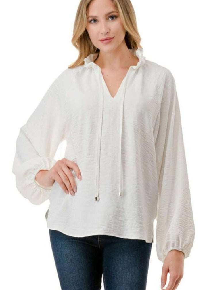 Made in USA Ruffled Neck Textured Satin Dressy Top with Tie Front V-Neck and  Long Puff Sleeves in Ivory | Classy Cozy Cool Women&
