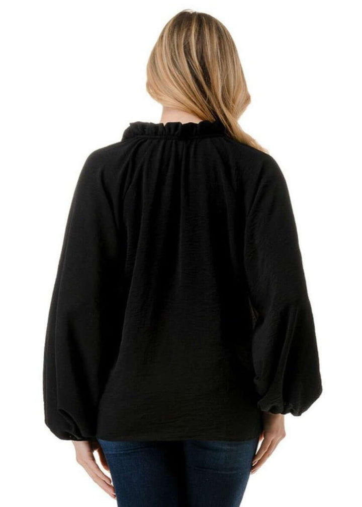 Made in USA Ruffled Neck Textured Satin Dressy Top with Tie Front V-Neck and  Long Puff Sleeves in Black | Classy Cozy Cool Women&