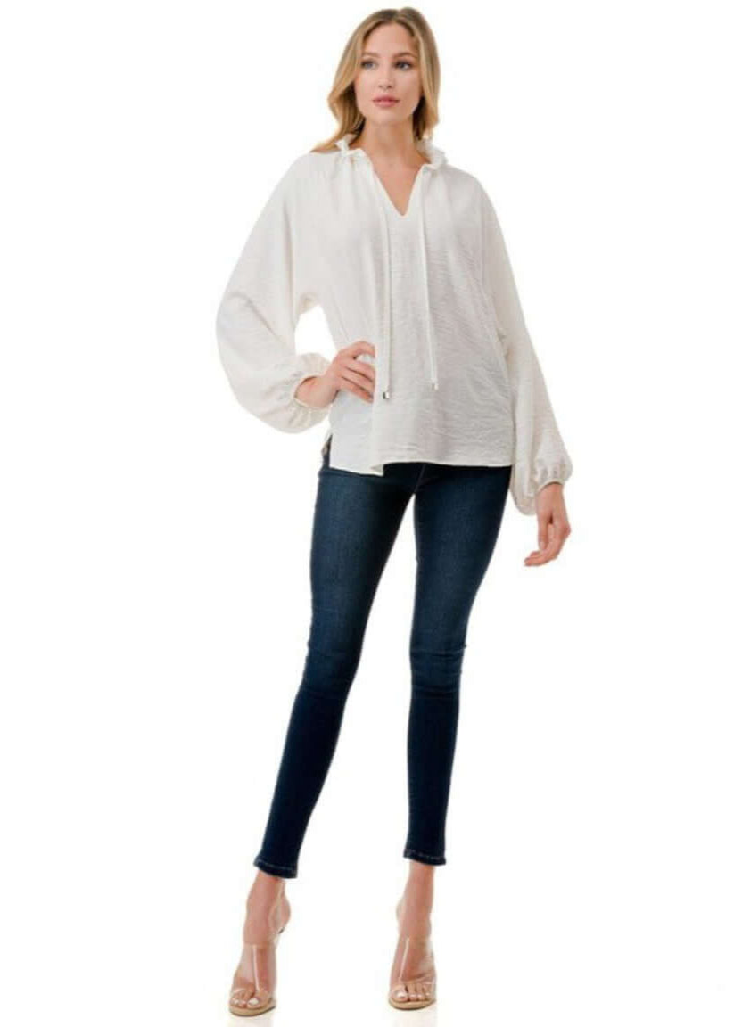 Made in USA Ruffled Neck Textured Satin Dressy Top with Tie Front V-Neck and  Long Puff Sleeves in Ivory | Classy Cozy Cool Women&