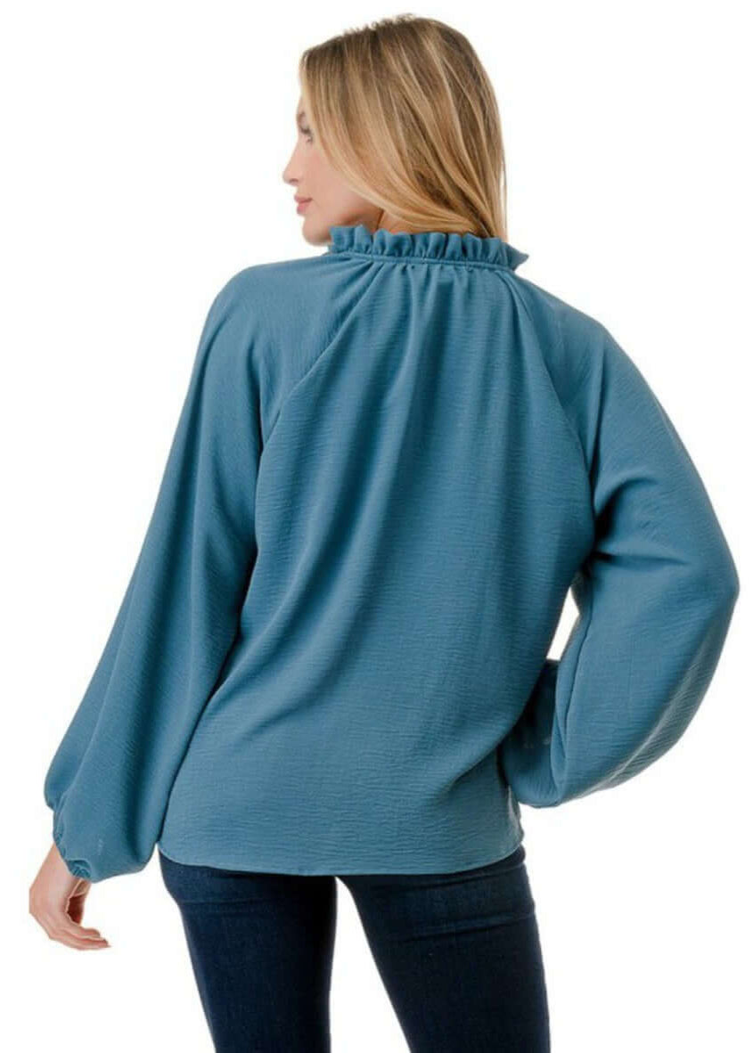 Made in USA Ruffled Neck Textured Satin Dressy Top with Tie Front V-Neck and  Long Puff Sleeves in Teal | Classy Cozy Cool Women&
