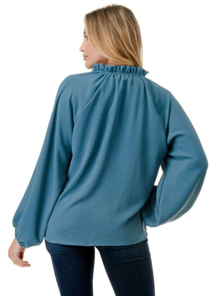 Made in USA Ruffled Neck Textured Satin Dressy Top with Tie Front V-Neck and  Long Puff Sleeves in Teal | Classy Cozy Cool Women&