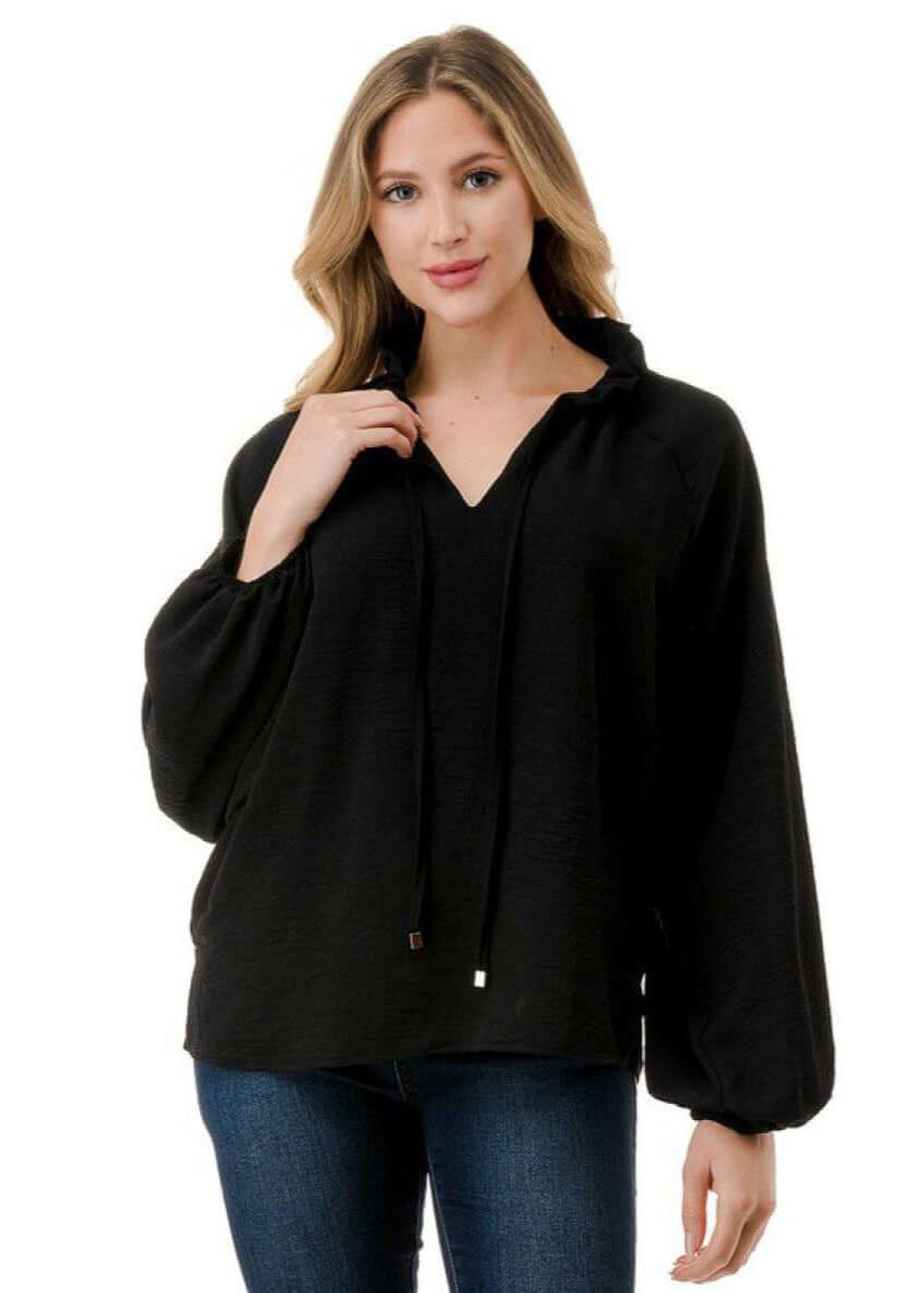 Made in USA Ruffled Neck Textured Satin Dressy Top with Tie Front V-Neck and  Long Puff Sleeves in Black | Classy Cozy Cool Women&