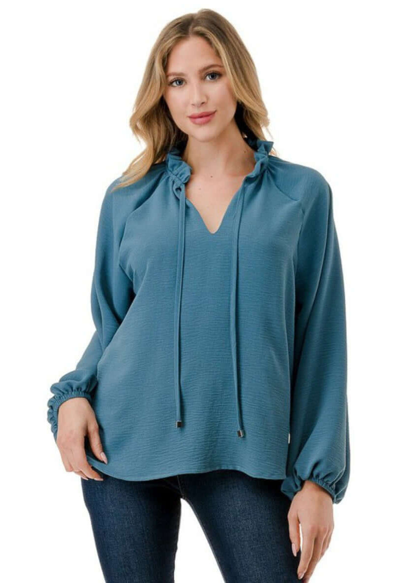 Made in USA Ruffled Neck Textured Satin Dressy Top with Tie Front V-Neck and  Long Puff Sleeves in Teal | Classy Cozy Cool Women&