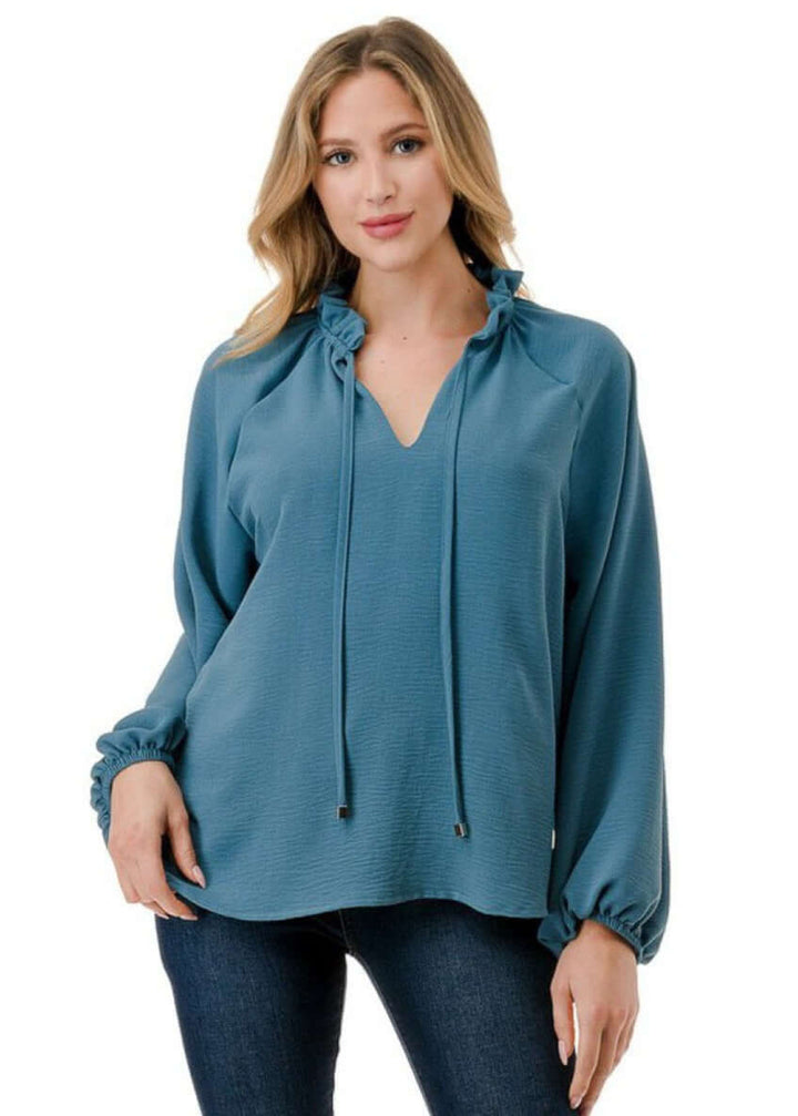 Made in USA Ruffled Neck Textured Satin Dressy Top with Tie Front V-Neck and  Long Puff Sleeves in Teal | Classy Cozy Cool Women&