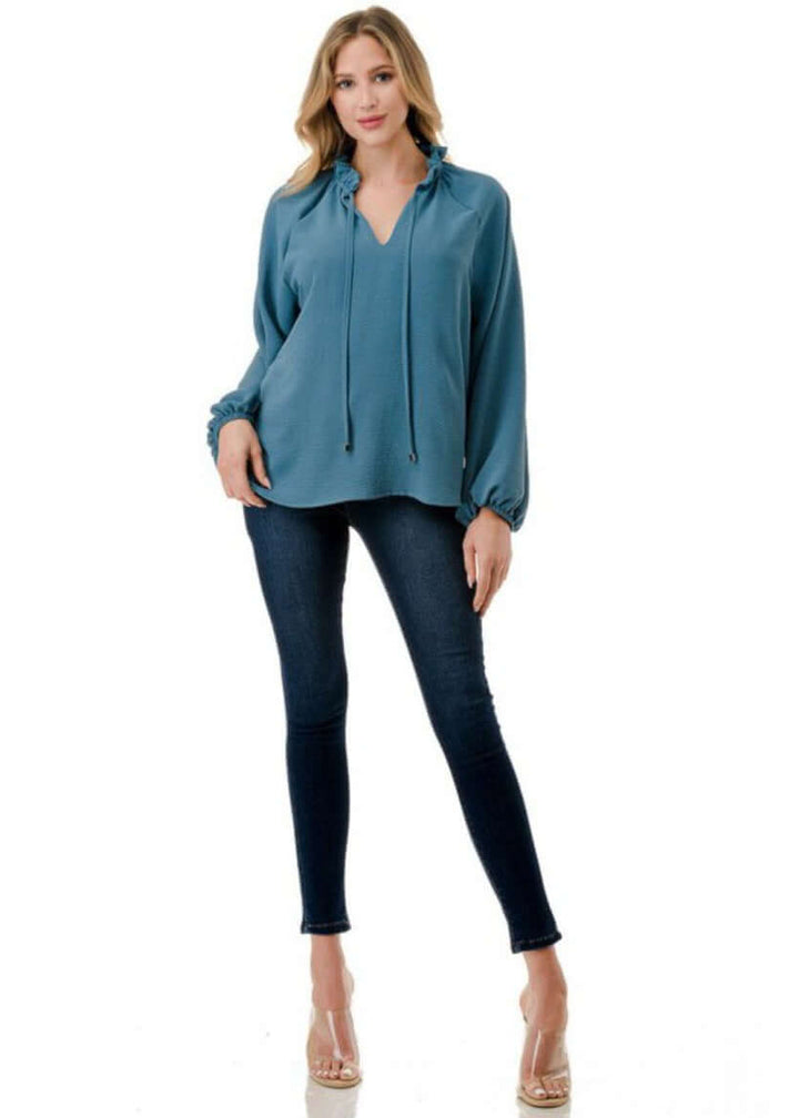 Made in USA Ruffled Neck Textured Satin Dressy Top with Tie Front V-Neck and  Long Puff Sleeves in Teal | Classy Cozy Cool Women&