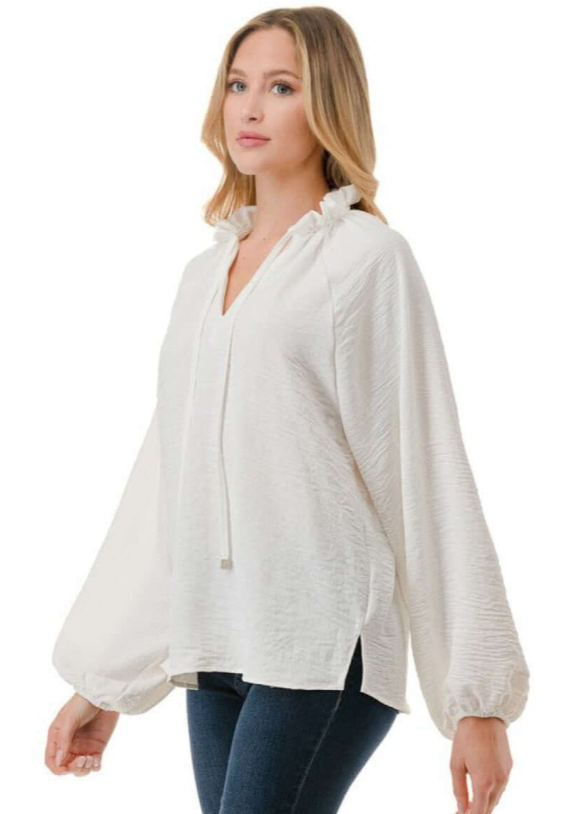 Made in USA Ruffled Neck Textured Satin Dressy Top with Tie Front V-Neck and  Long Puff Sleeves in Ivory | Classy Cozy Cool Women&