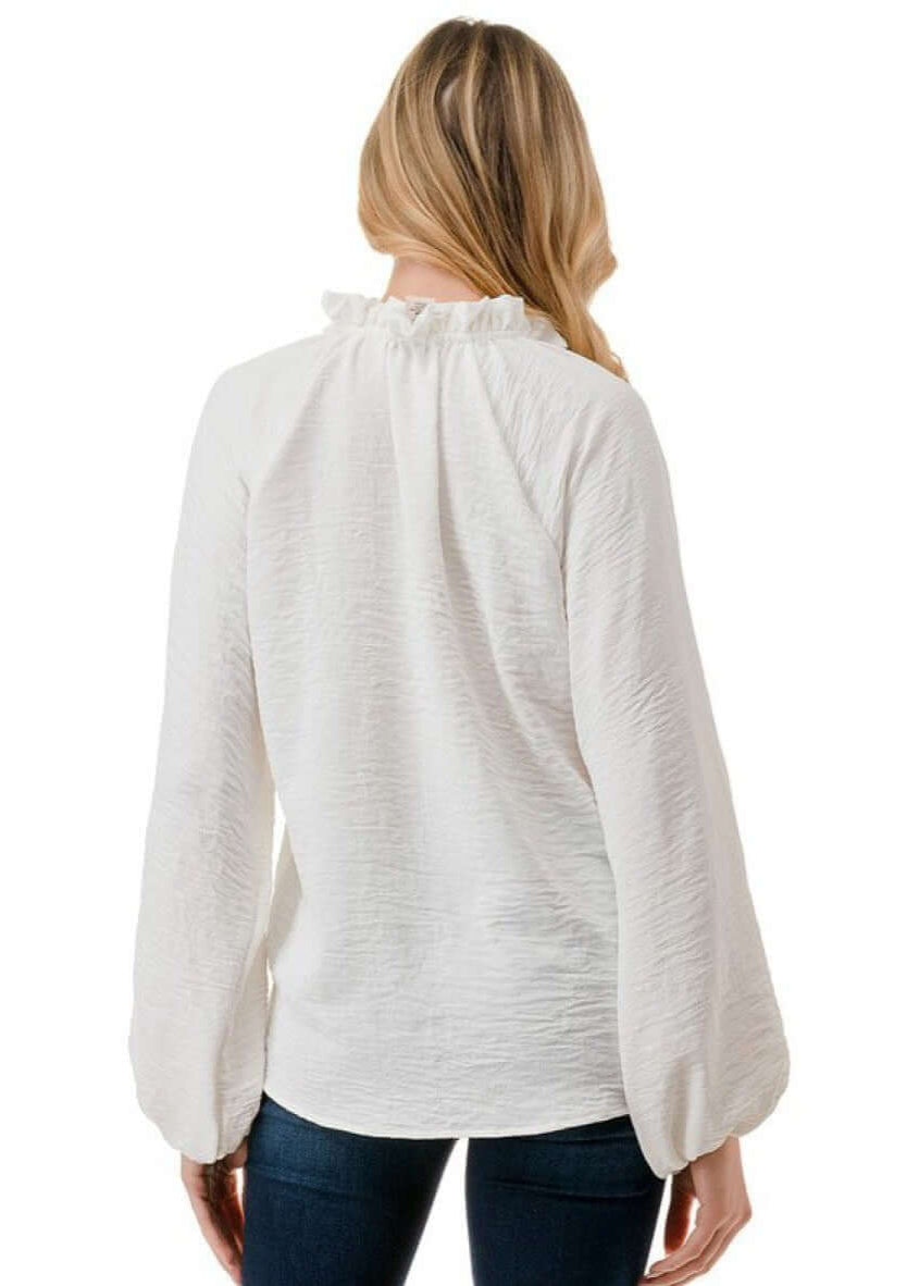 Made in USA Ruffled Neck Textured Satin Dressy Top with Tie Front V-Neck and  Long Puff Sleeves in Ivory | Classy Cozy Cool Women&