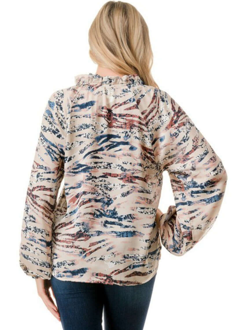 Made in USA Colorful Ruffled Neck Textured Satin Zebra Print Dressy Top with Tie Front V-Neck and  Long Puff Sleeves | Classy Cozy Cool Women&