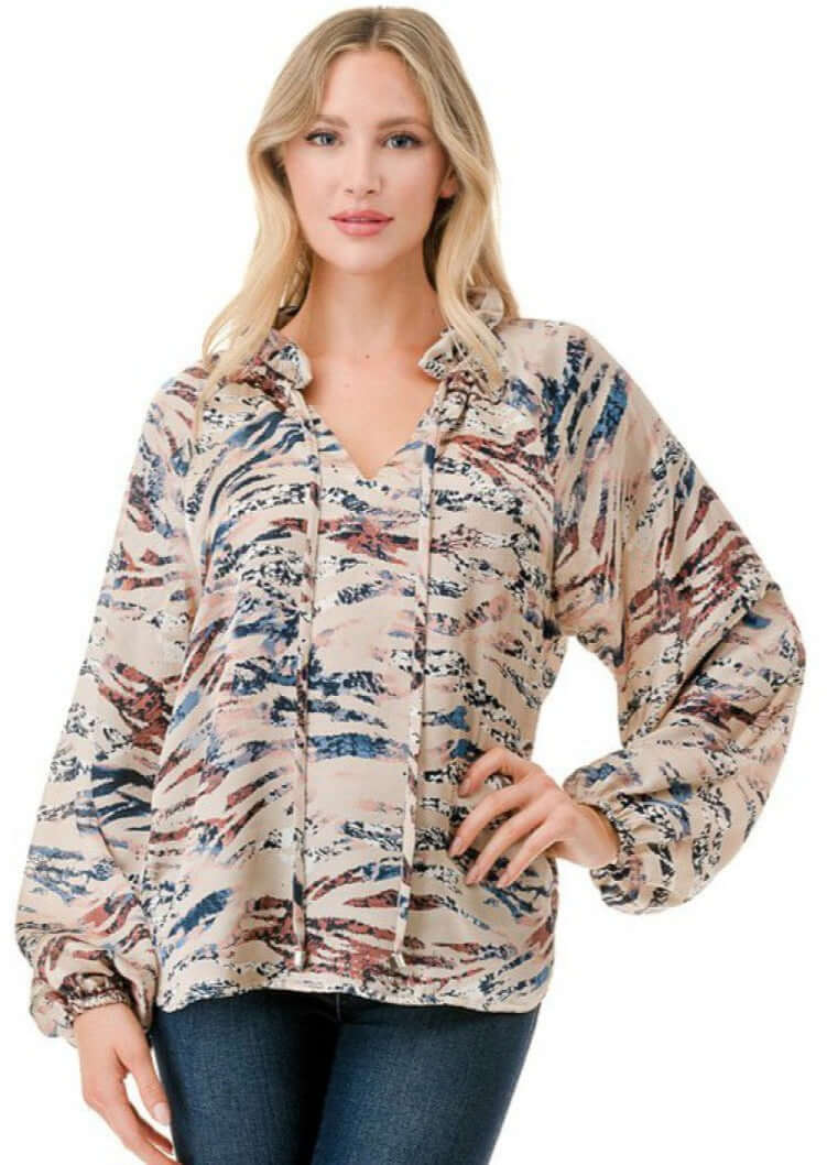 Made in USA Colorful Ruffled Neck Textured Satin Zebra Print Dressy Top with Tie Front V-Neck and  Long Puff Sleeves | Classy Cozy Cool Women&