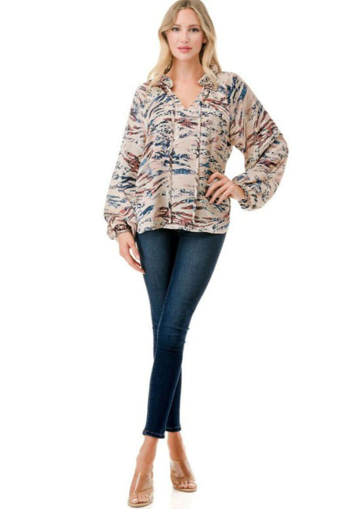 Made in USA Colorful Ruffled Neck Textured Satin Zebra Print Dressy Top with Tie Front V-Neck and  Long Puff Sleeves | Classy Cozy Cool Women&
