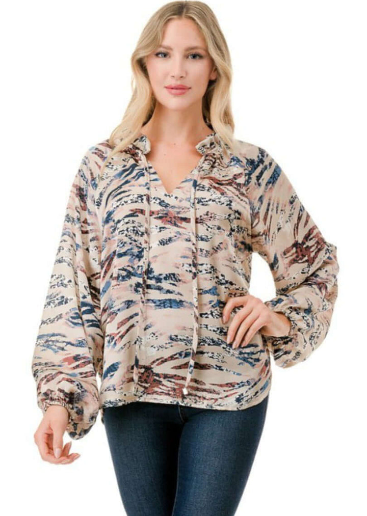 Made in USA Colorful Ruffled Neck Textured Satin Zebra Print Dressy Top with Tie Front V-Neck and  Long Puff Sleeves | Classy Cozy Cool Women&