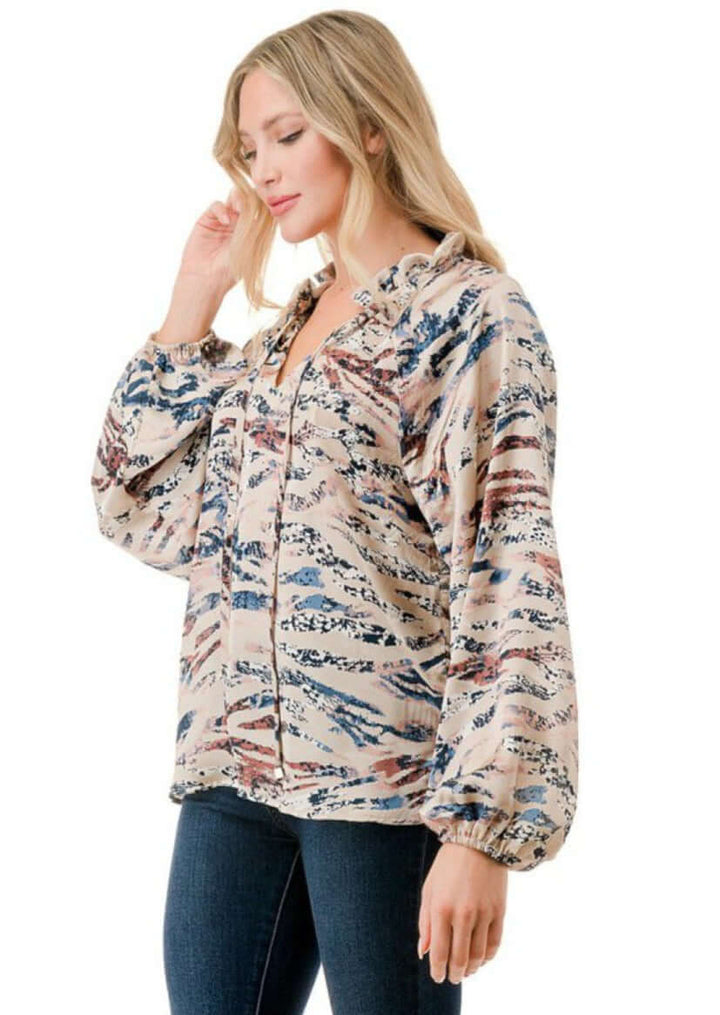 Made in USA Colorful Ruffled Neck Textured Satin Zebra Print Dressy Top with Tie Front V-Neck and  Long Puff Sleeves | Classy Cozy Cool Women&