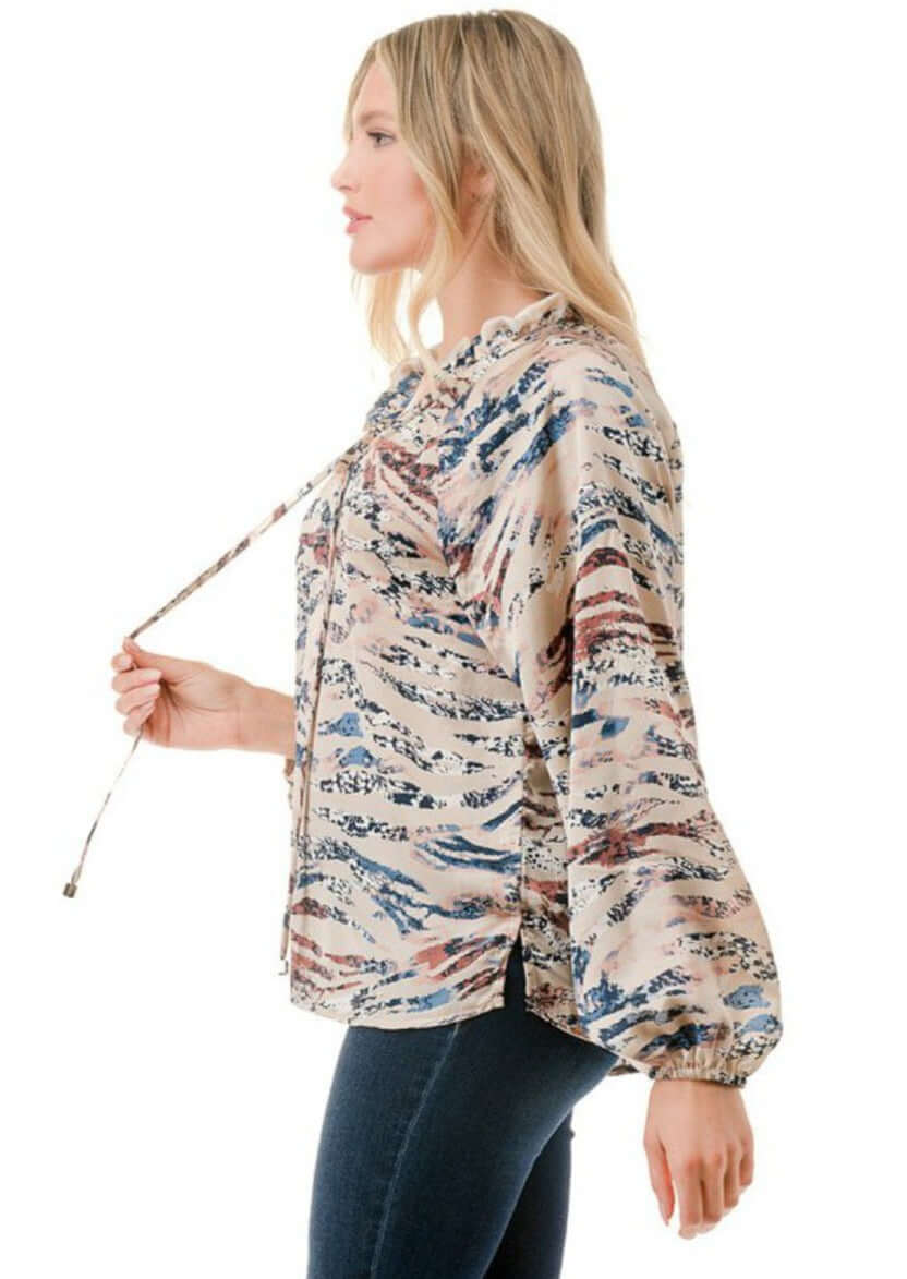 Made in USA Colorful Ruffled Neck Textured Satin Zebra Print Dressy Top with Tie Front V-Neck and  Long Puff Sleeves | Classy Cozy Cool Women&