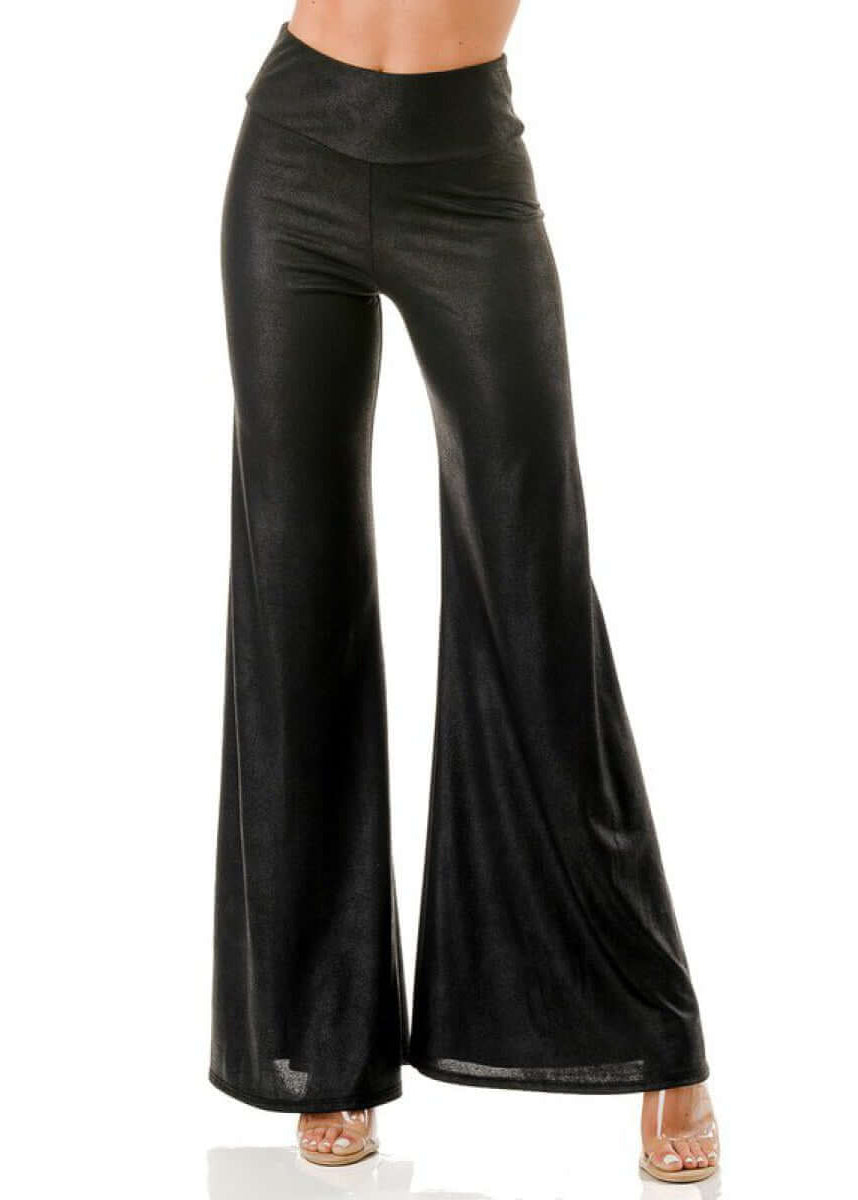 USA Made Women's Faux Leather Flair Pants High Waist Stretch Material Fit & Flare Look Pull on Style in Black | Classy Cozy Cool Women's Made in America Boutique