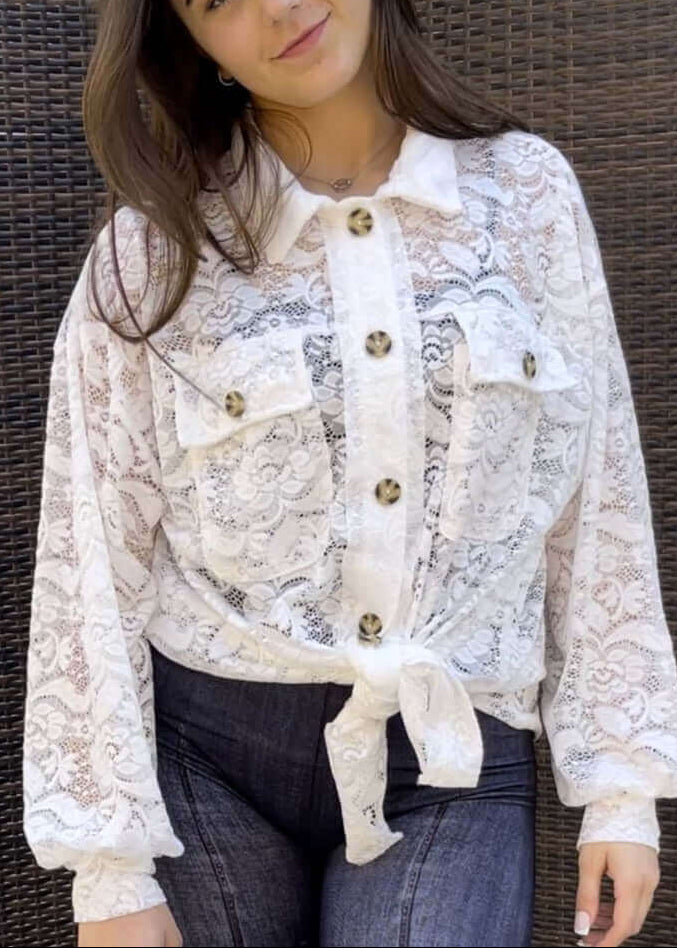 Ladies Oversized Off White Button Down Long Length Floral Lace Tunic Shirt | Made in USA | Classy Cozy Cool Women&