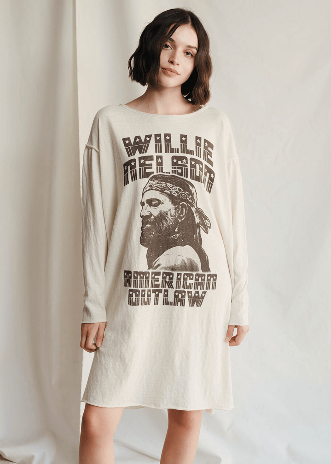  Willie Nelson Dress by People of Leisure — 50% recycled cotton, raw edges, side slits in Ecru. Made in Huntington Park, CA. Sizes XS–XL