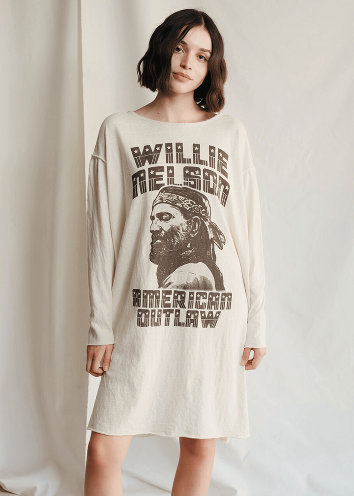  Willie Nelson Dress by People of Leisure — 50% recycled cotton, raw edges, side slits in Ecru. Made in Huntington Park, CA. Sizes XS–XL