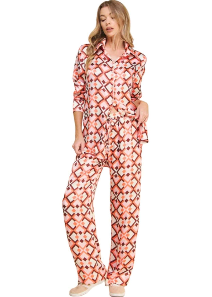 USA Made Ladies Pink Retro Pattern Satin Pants by If She Loves Style 