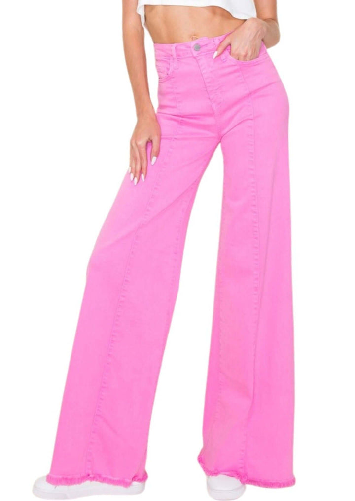 O2 Denim 505 High Waist Flare Jeans in Fuchsia Pink | Style PW505 | Women&