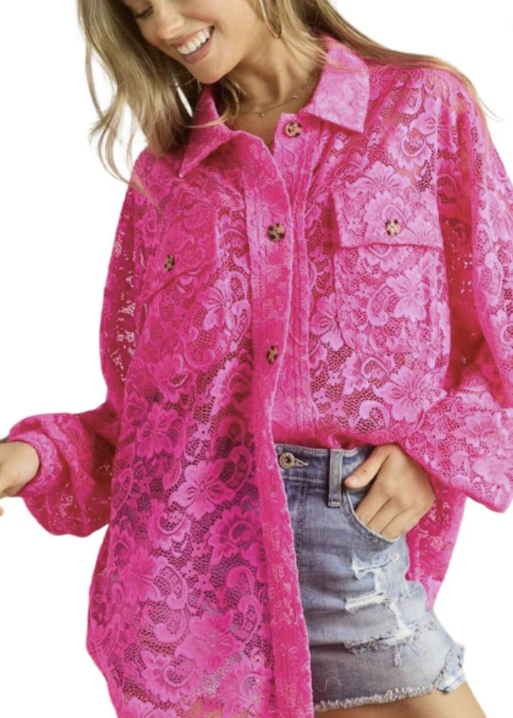 Ladies Oversized Sheer Hot Pink Button Down Long Length Floral Lace Tunic Shirt | Made in USA | Classy Cozy Cool Women&