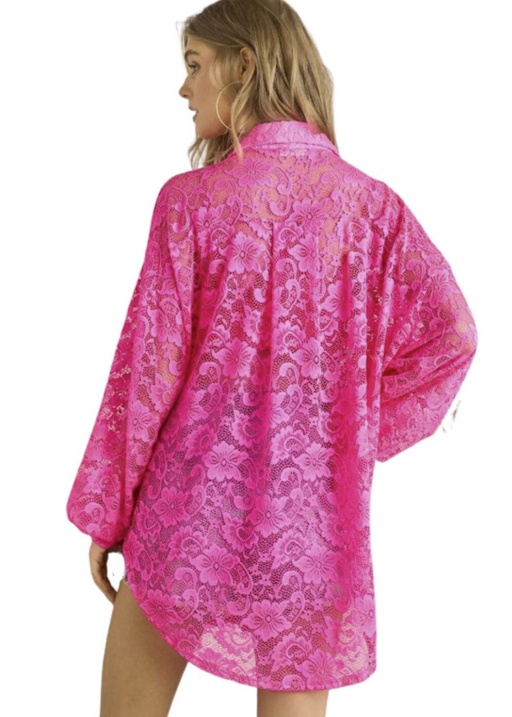 Ladies Oversized Sheer Hot Pink Button Down Long Length Floral Lace Tunic Shirt | Made in USA | Classy Cozy Cool Women&