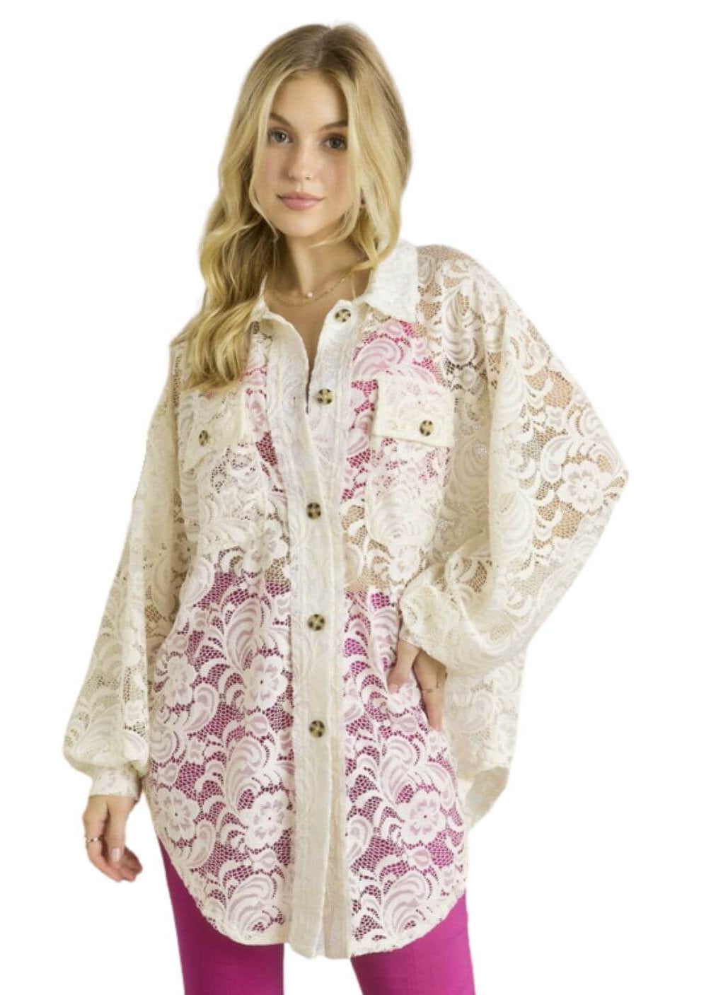 Ladies Oversized Off White Button Down Long Length Floral Lace Tunic Shirt | Made in USA | Classy Cozy Cool Women&