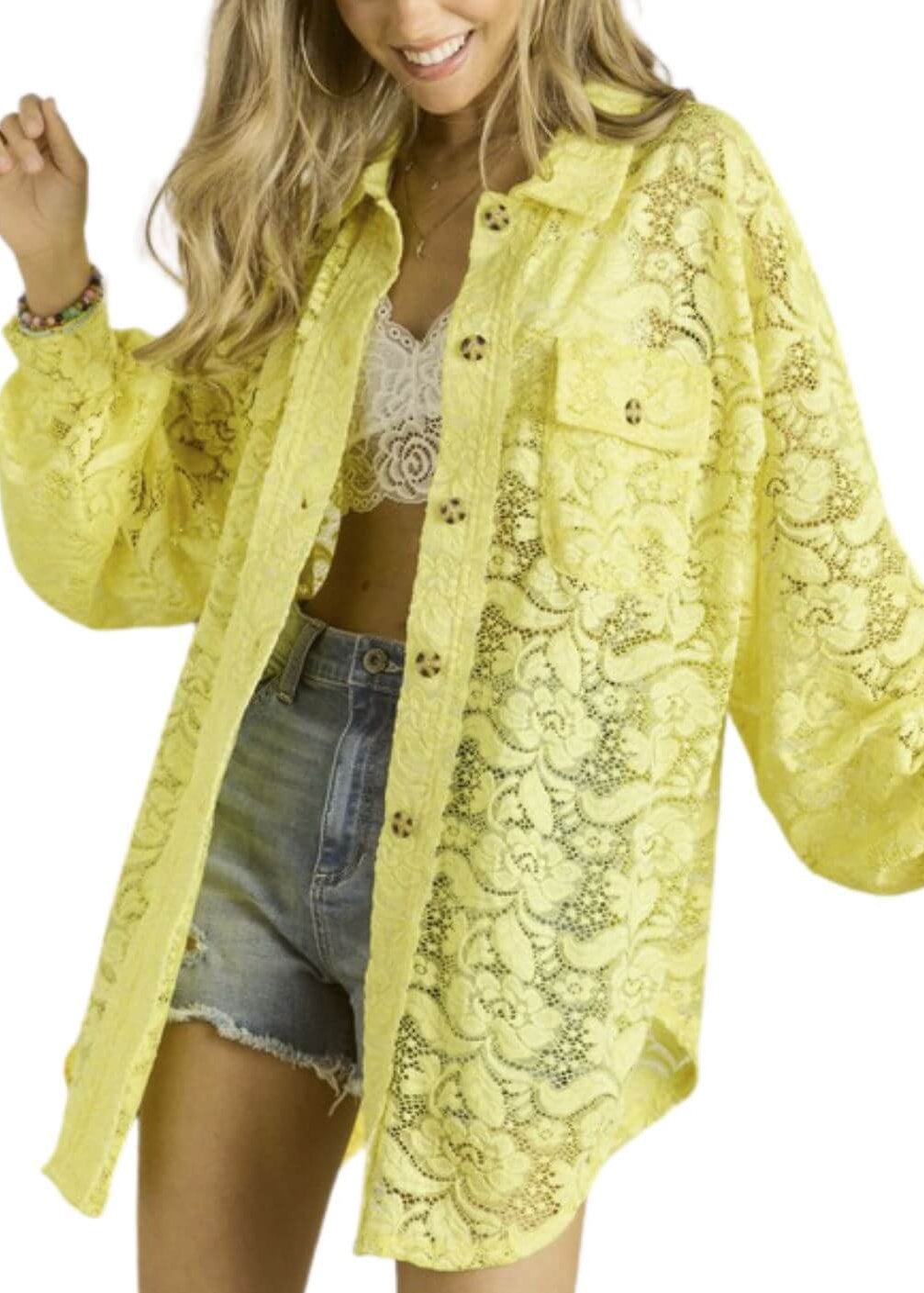 Ladies Oversized Sheer Sunny Yellow Button Down Long Length Floral Lace Tunic Shirt | Made in USA | Classy Cozy Cool Women's Made in America Boutique