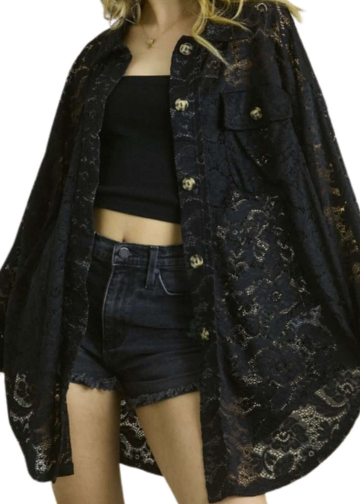 Ladies Oversized Sheer Black Button Down Long Length Floral Lace Tunic Shirt | Made in USA | Classy Cozy Cool Women&