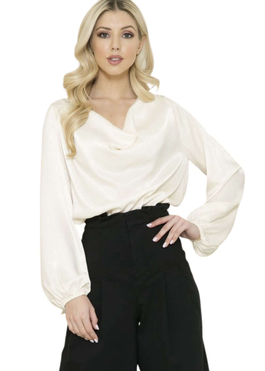 Made in USA Women's Relaxed Fit Beautiful Satin Cowl Neck Top in Off White | Classy Cozy Cool Women's Made in America Clothing Boutique