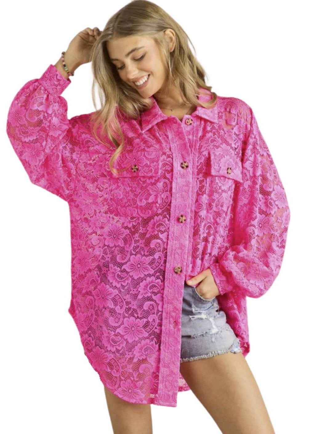 Ladies Oversized Sheer Hot Pink Button Down Long Length Floral Lace Tunic Shirt | Made in USA | Classy Cozy Cool Women&