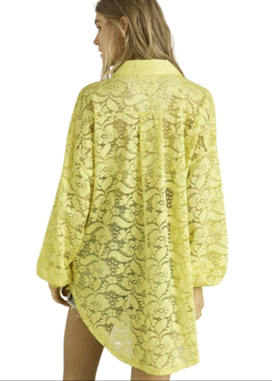 Ladies Oversized Sheer Sunny Yellow Button Down Long Length Floral Lace Tunic Shirt | Made in USA | Classy Cozy Cool Women's Made in America Boutique