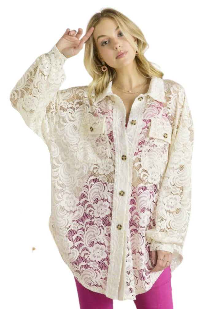 Ladies Oversized Off White Button Down Long Length Floral Lace Tunic Shirt | Made in USA | Classy Cozy Cool Women&