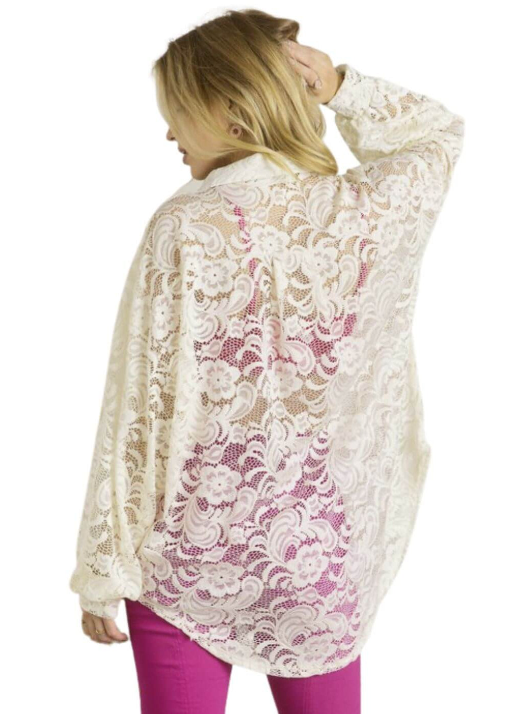 Ladies Oversized Off White Button Down Long Length Floral Lace Tunic Shirt | Made in USA | Classy Cozy Cool Women&