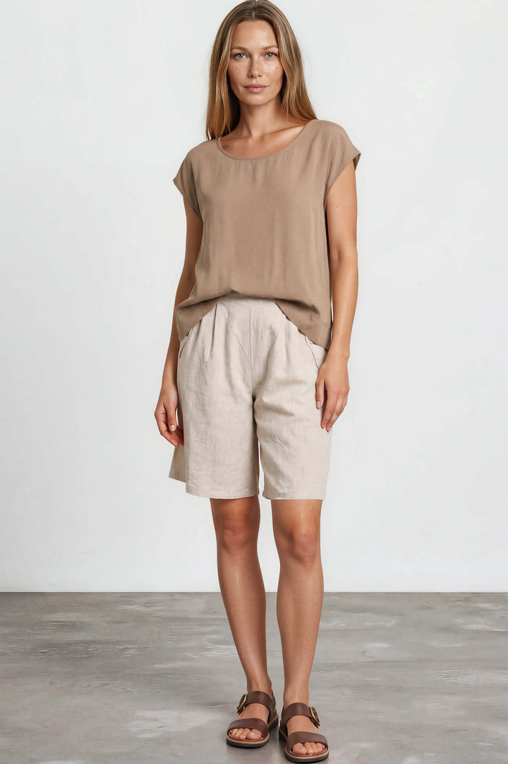 Shop the Bella Boxy Top in Dune — a lightweight 100% rayon crosshatch woven top with a relaxed fit and cap sleeves. Made in USA. True to size.