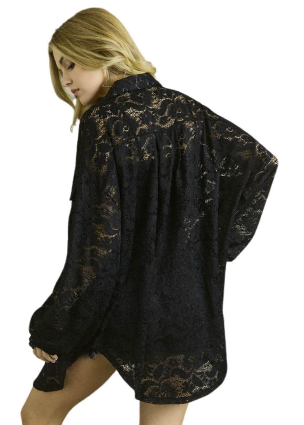 Ladies Oversized Sheer Black Button Down Long Length Floral Lace Tunic Shirt | Made in USA | Classy Cozy Cool Women&