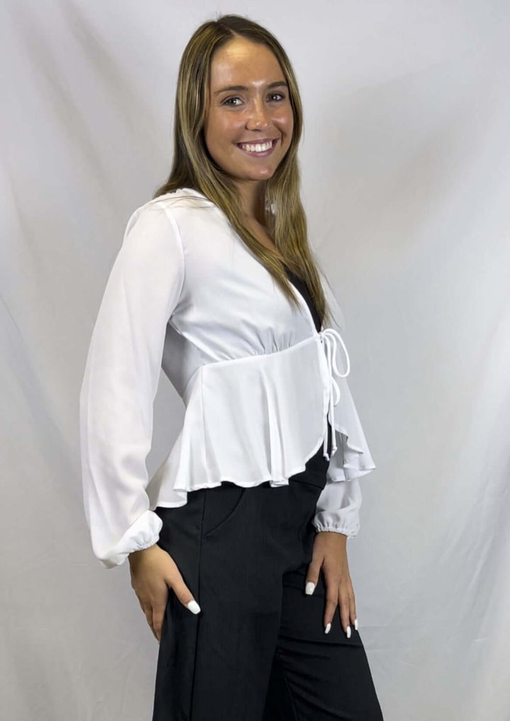 Ladies Bright White Tie Front Dressy Peplum Cardigan with Bubble Sleeves | Made in USA | Classy Cozy Cool Women&