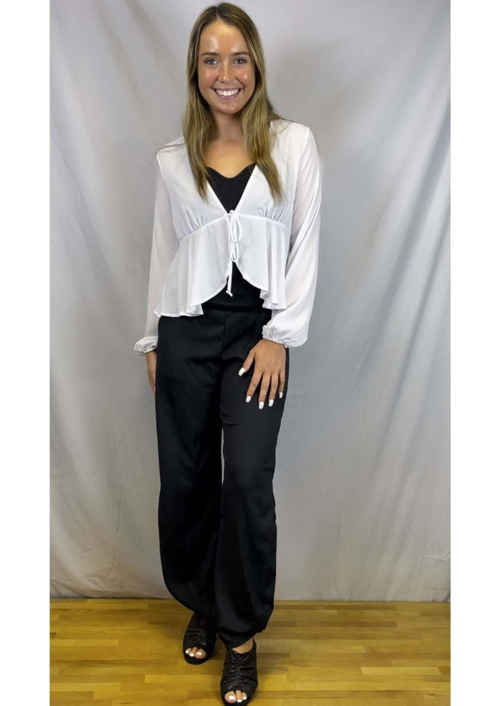 Ladies Bright White Tie Front Dressy Peplum Cardigan with Bubble Sleeves | Made in USA | Classy Cozy Cool Women&