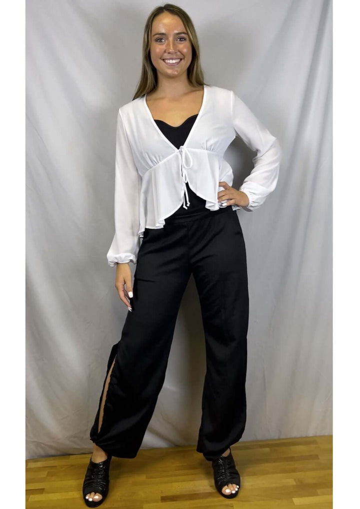 Ladies Bright White Tie Front Dressy Peplum Cardigan with Bubble Sleeves | Made in USA | Classy Cozy Cool Women&