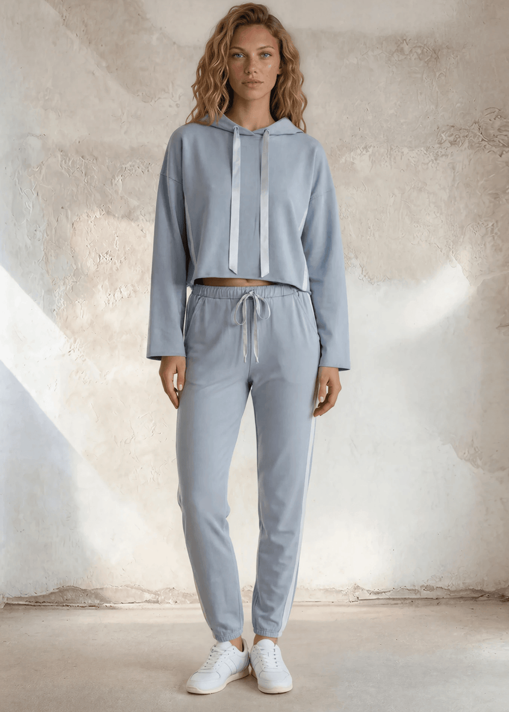 Made in USA PJ Harlow Blair Premium Women's Loungewear Joggers and Cropped  Sweatshirt  in Light Blue, Super Soft Cotton Blend with Satin Finish | Classy Cozy Cool Made in America Boutique
