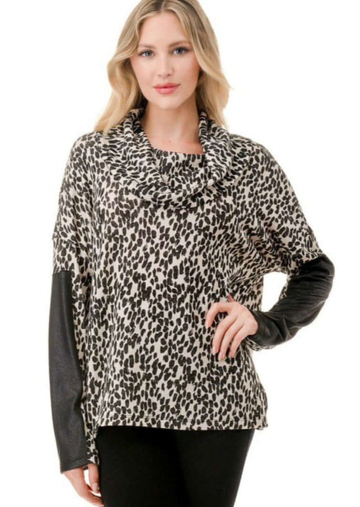 Ladies Black &amp; Ivory Animal Print Cowl Neck Sweater Top with Faux Leather Sleeve Detail | Made in USA