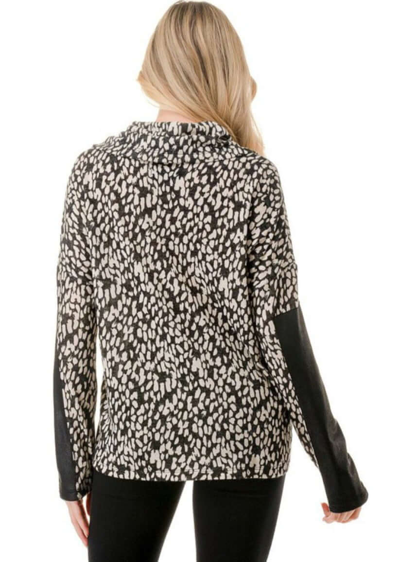 Ladies Black &amp; Ivory Animal Print Cowl Neck Sweater Top with Faux Leather Sleeve Detail | Made in USA