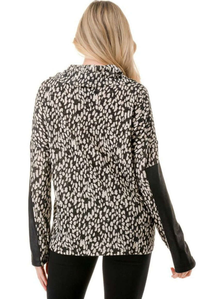 Ladies Black &amp; Ivory Animal Print Cowl Neck Sweater Top with Faux Leather Sleeve Detail | Made in USA